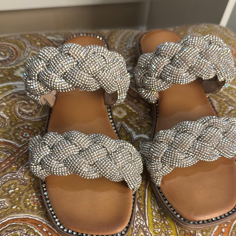 Madden Girl Silver Tan Braided Sandals with Studded Sole